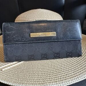 Vintage Gucci Wallet GG Canvas Leather Black Long Bifold Authentic